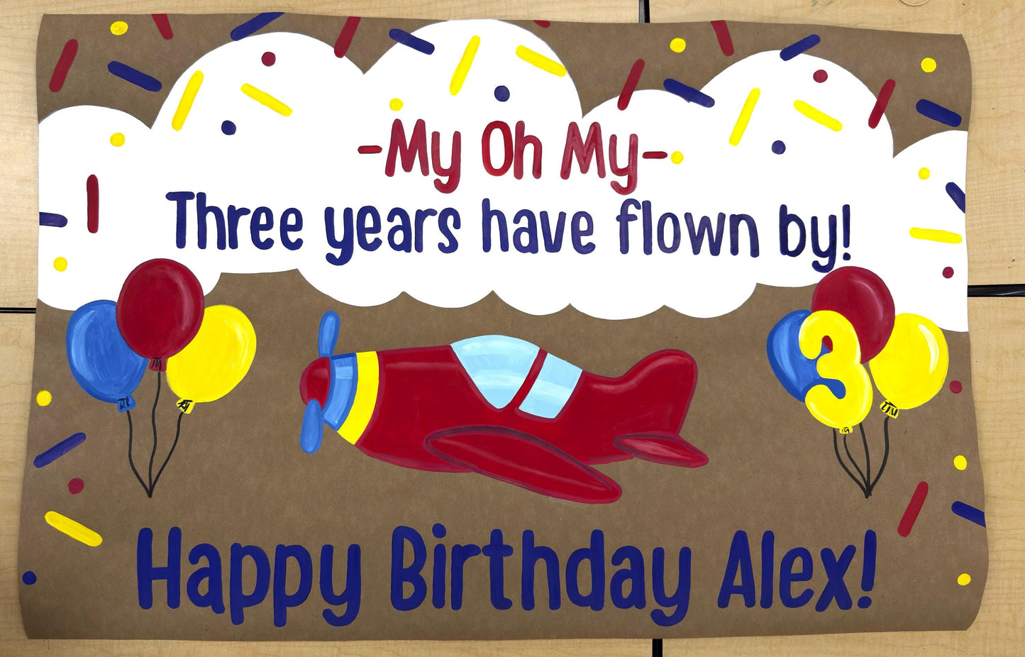 Child Birthday Party Banner, three years have flown by, plane, editable digital cava template