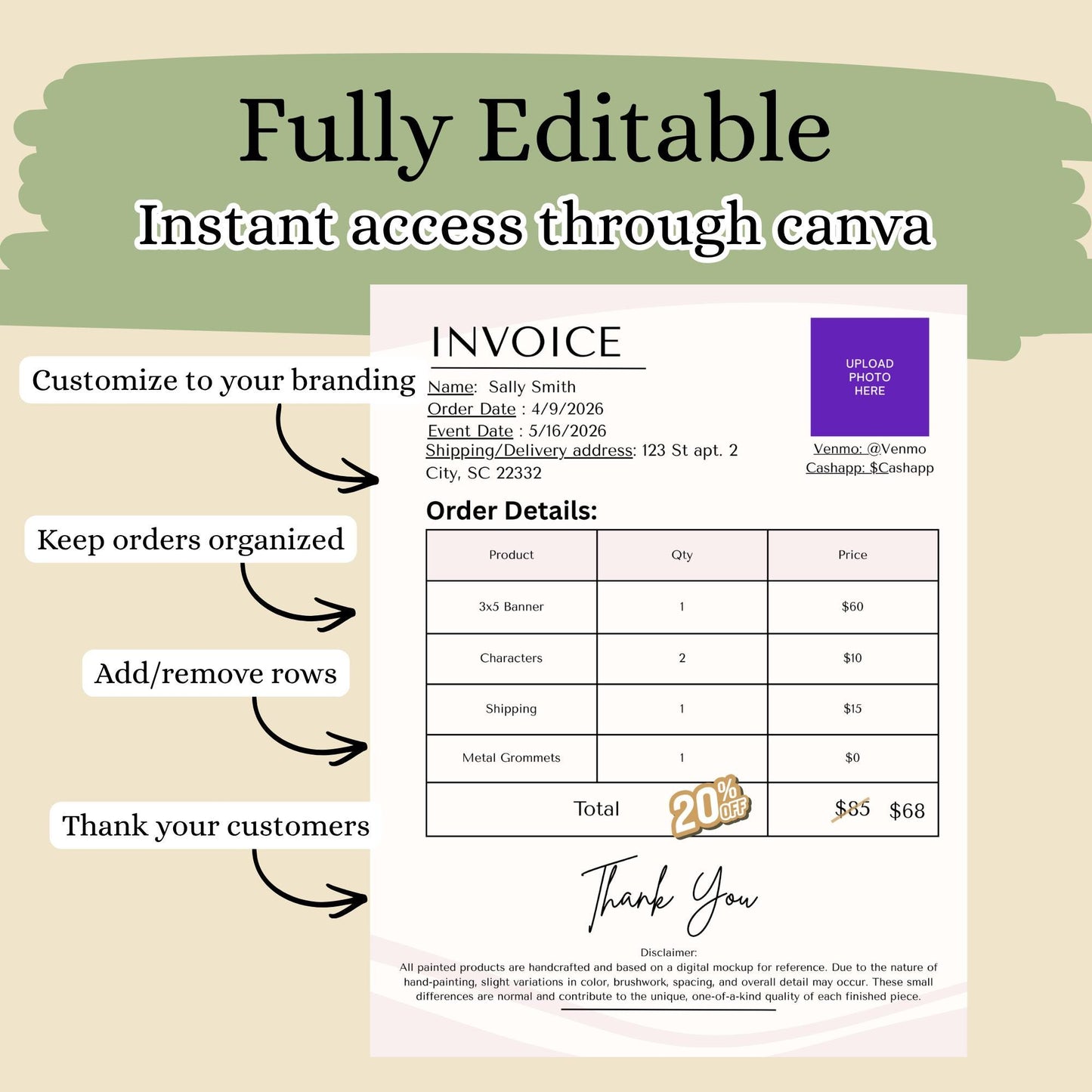 Banner artist invoice template, Canva, fully editable