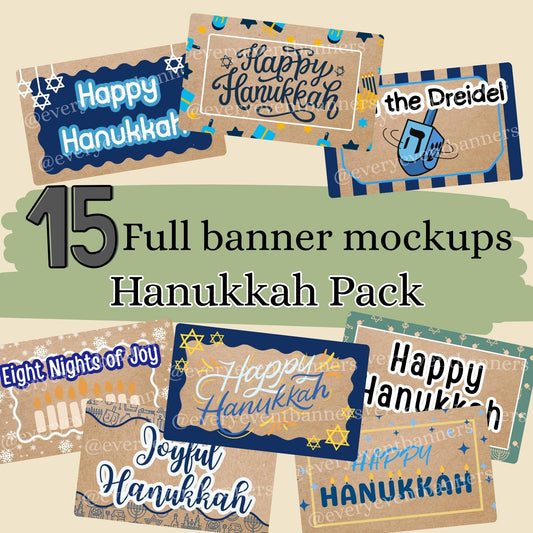15 Full Hanukkah banner mockups, fully editable Canva templates for painted banners
