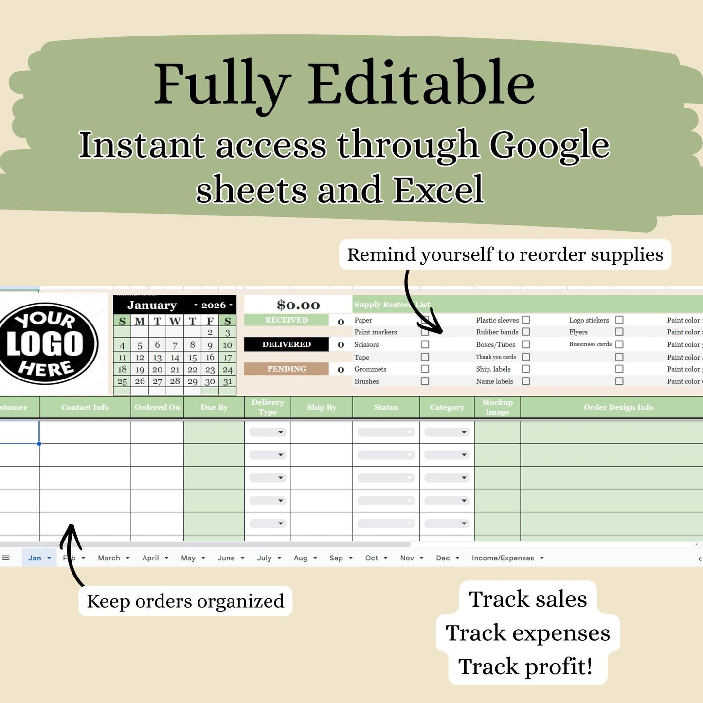 Banner artist budget and order tracker spreadsheet template, google sheets, excel, editable
