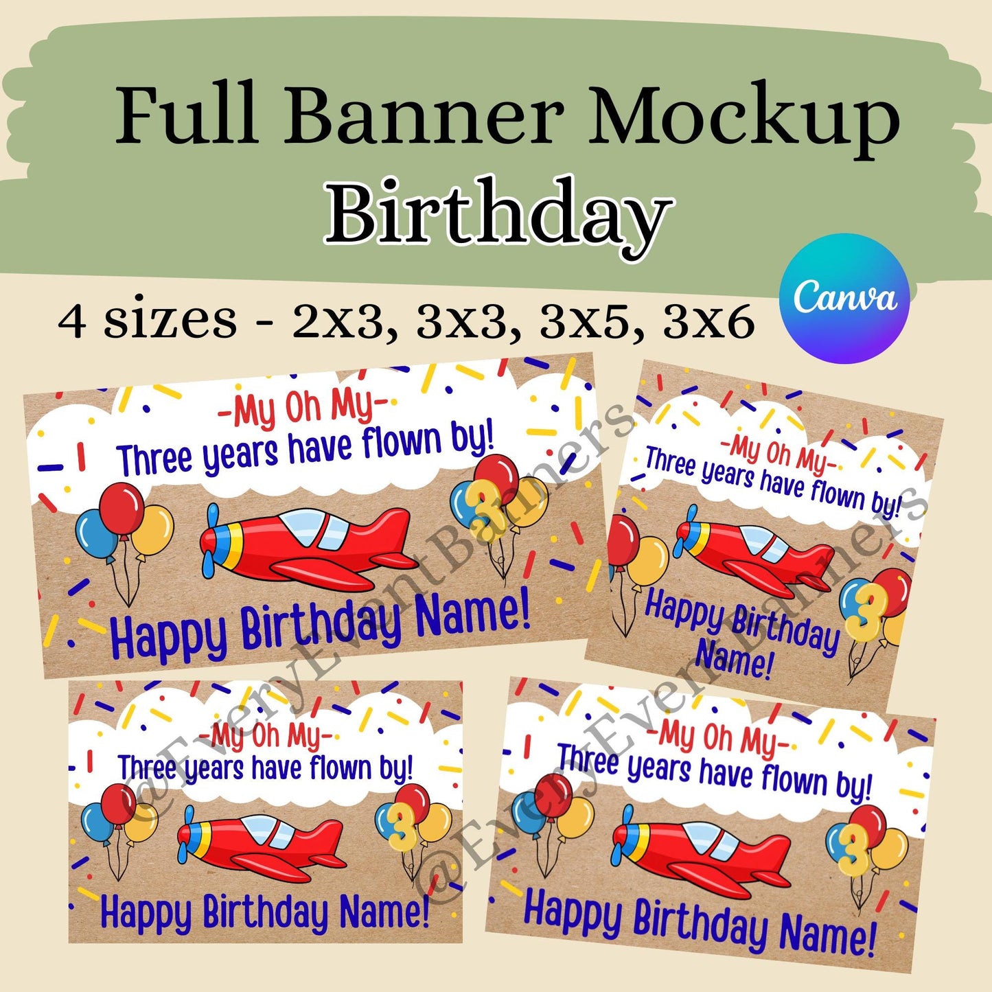 Child Birthday Party Banner, three years have flown by, plane, editable digital cava template