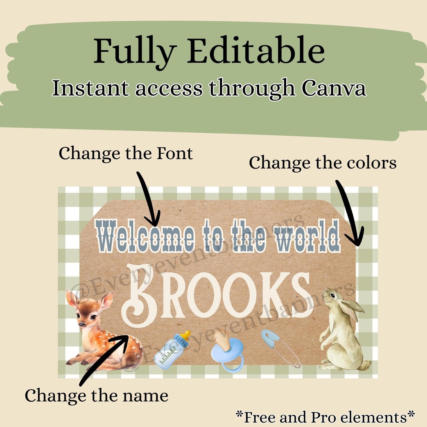 Baby announcement, editable banner mockup template, digital instant canva link