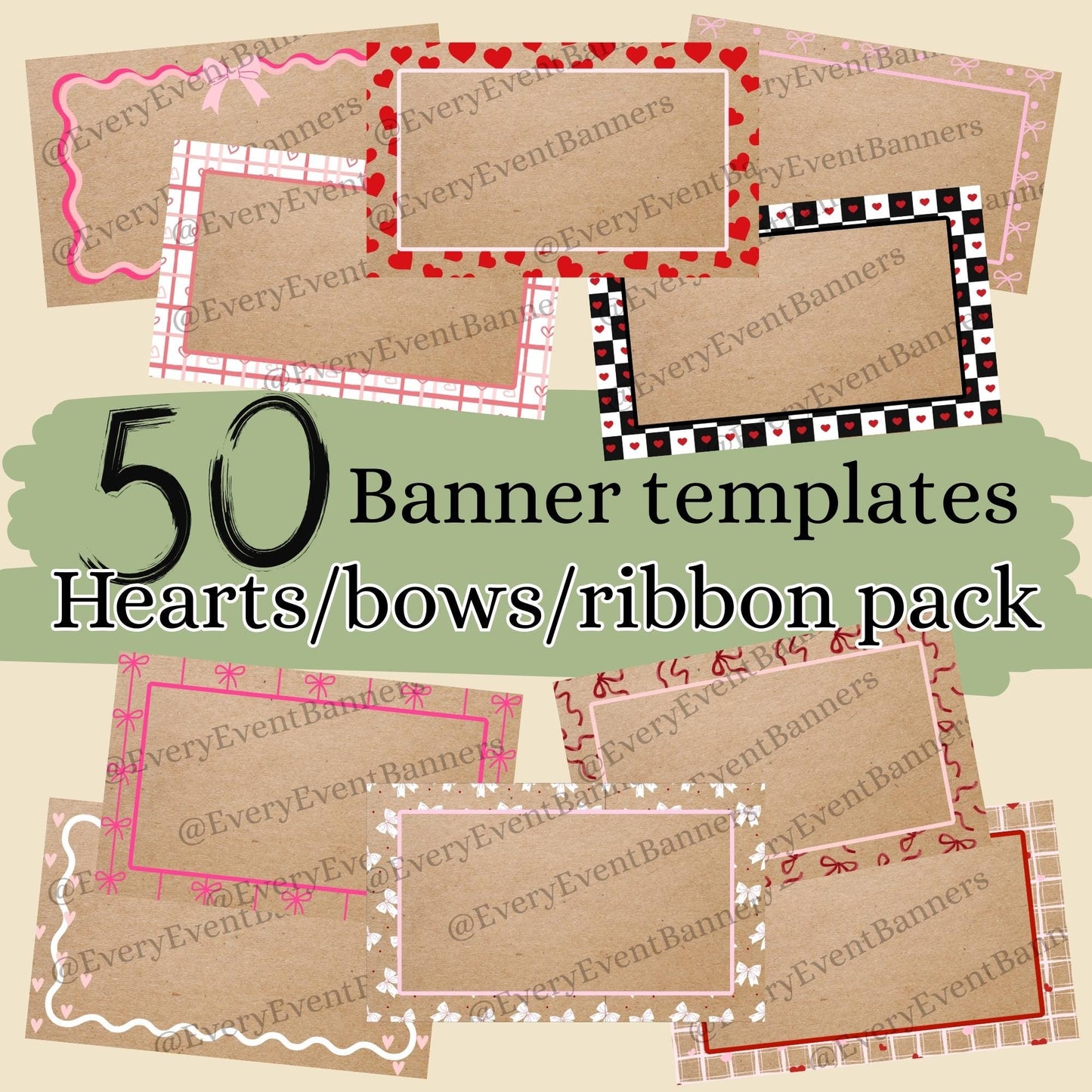 Hearts, Bows and Ribbon borders pack of 50! Painted banner designs, editable Canva template