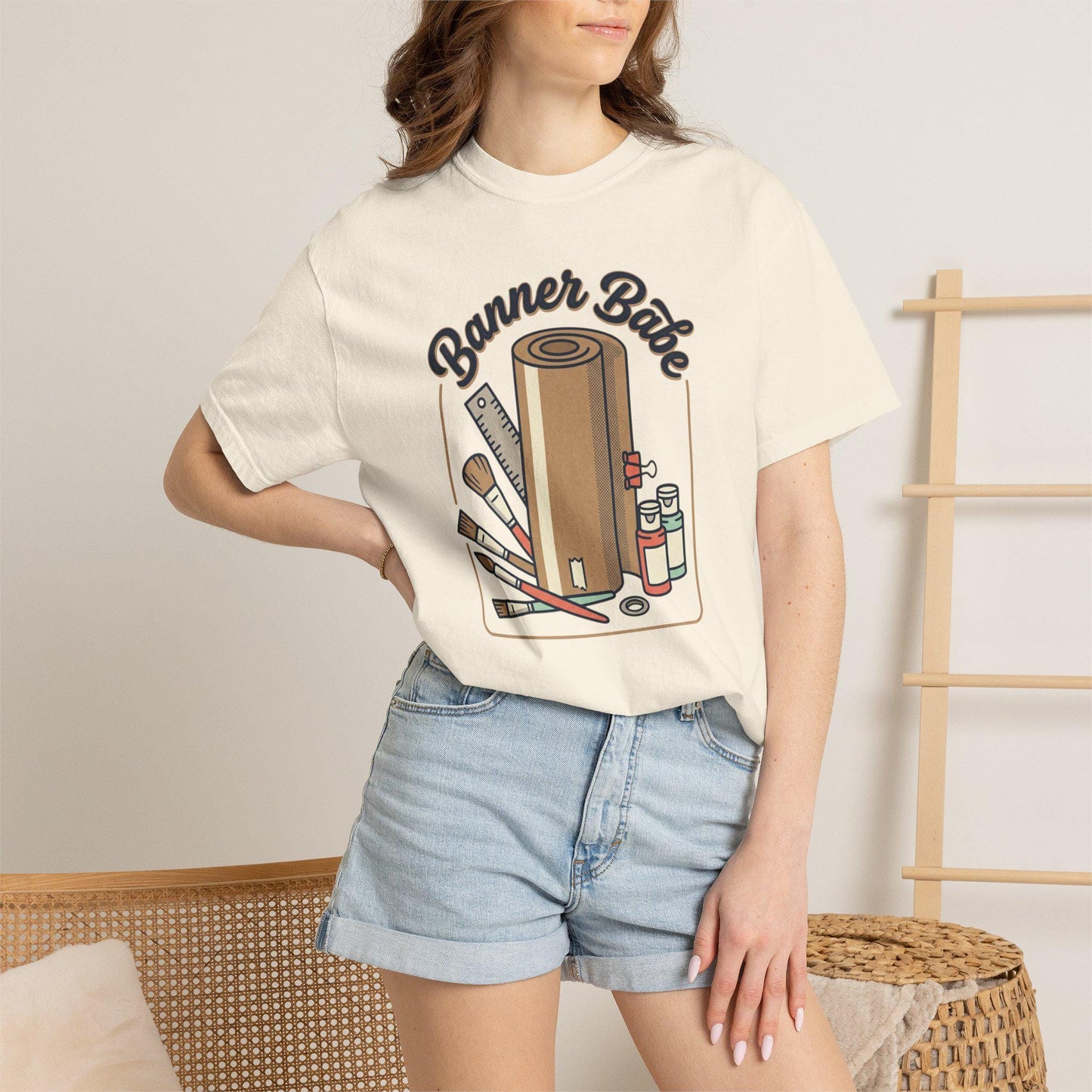 Banner Babe T-shirt | Craft Supplies Illustration, Paint Brushes, Roll of Paper