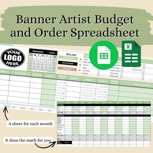 Banner artist budget and order tracker spreadsheet template, google sheets, excel, editable
