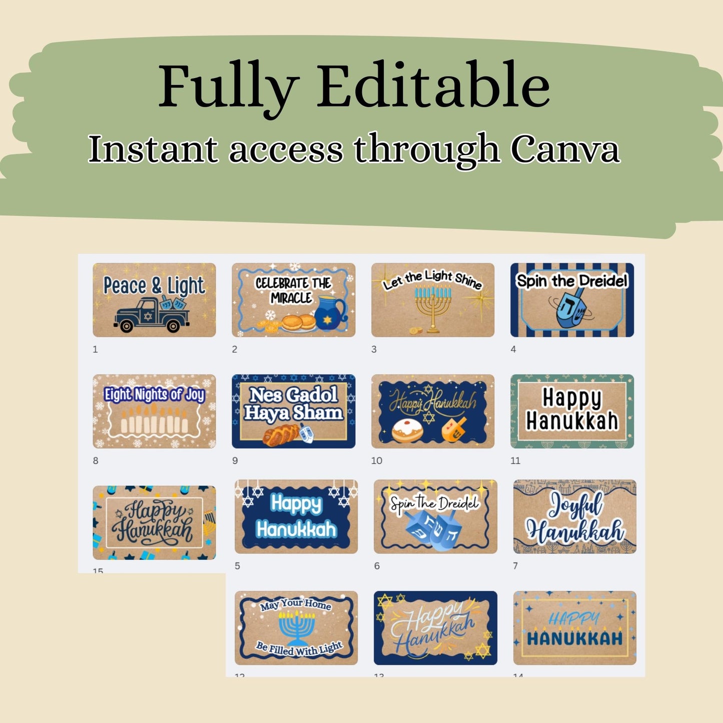15 Full Hanukkah banner mockups, fully editable Canva templates for painted banners