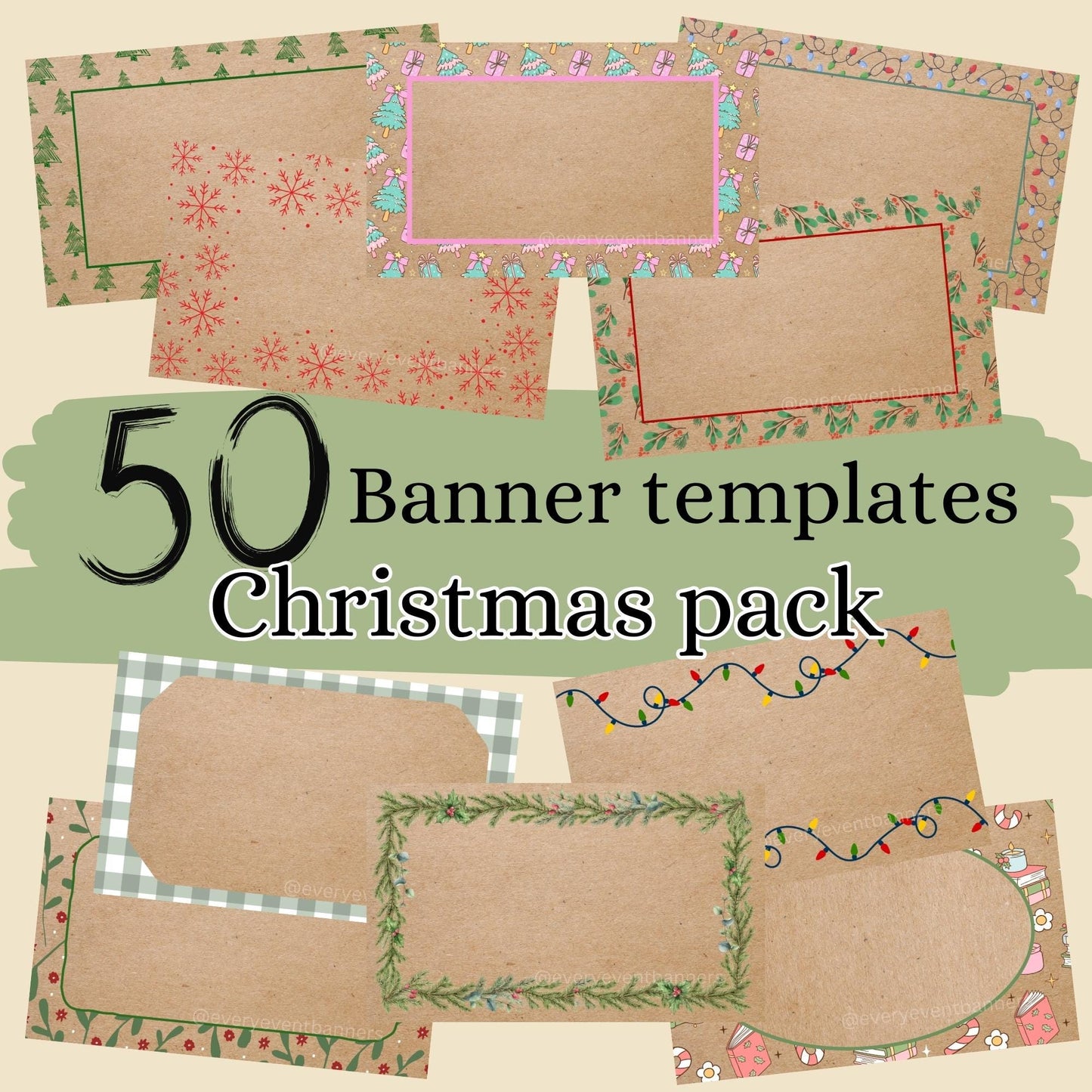 Christmas borders pack of 50! Painted banner editable Canva templates instant digital download