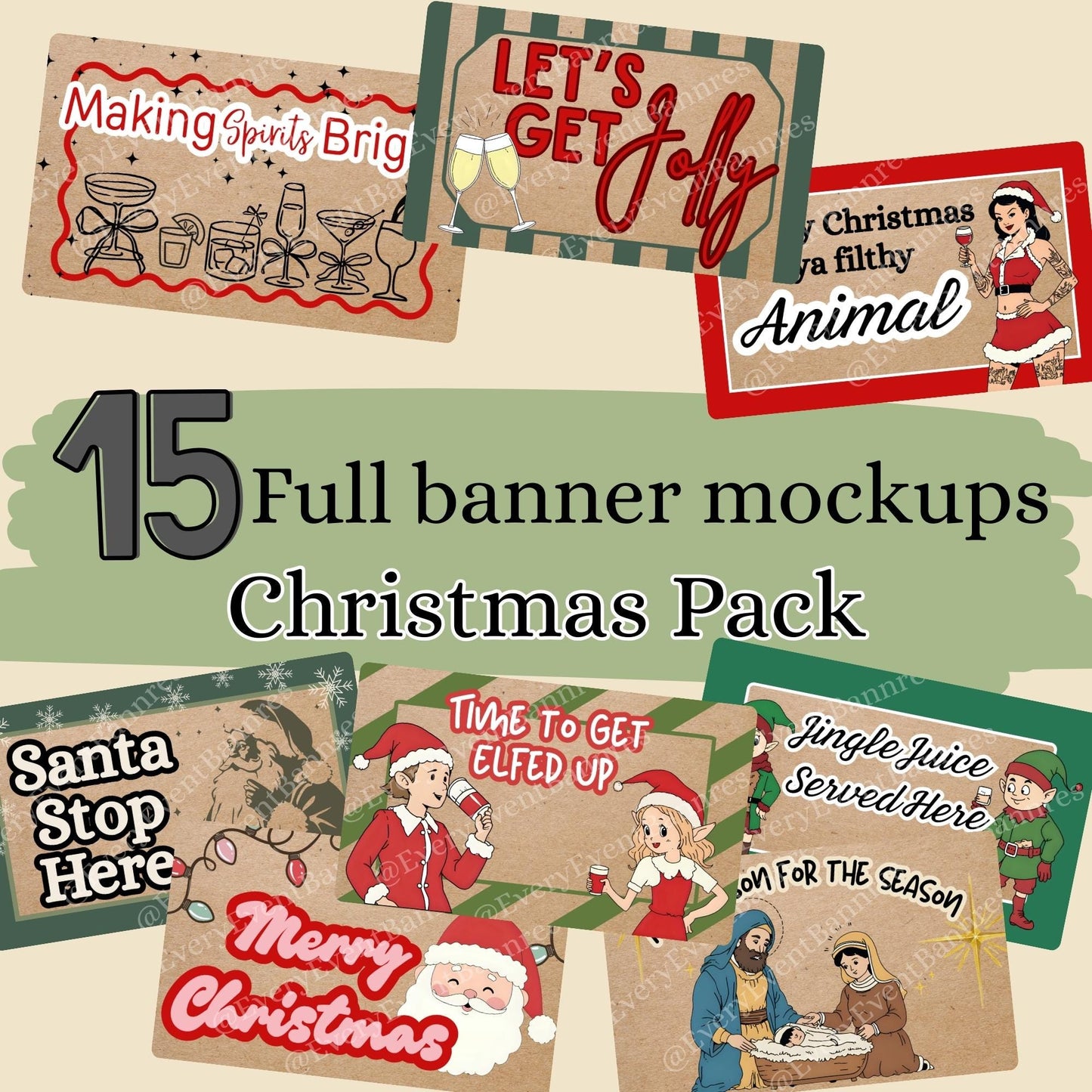 15 Full Christmas banner mockups, fully editable Canva templates