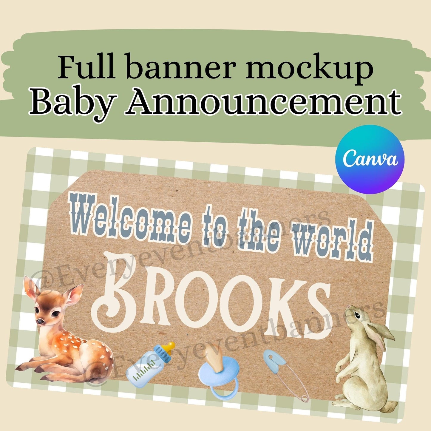 Baby announcement, editable banner mockup template, digital instant canva link