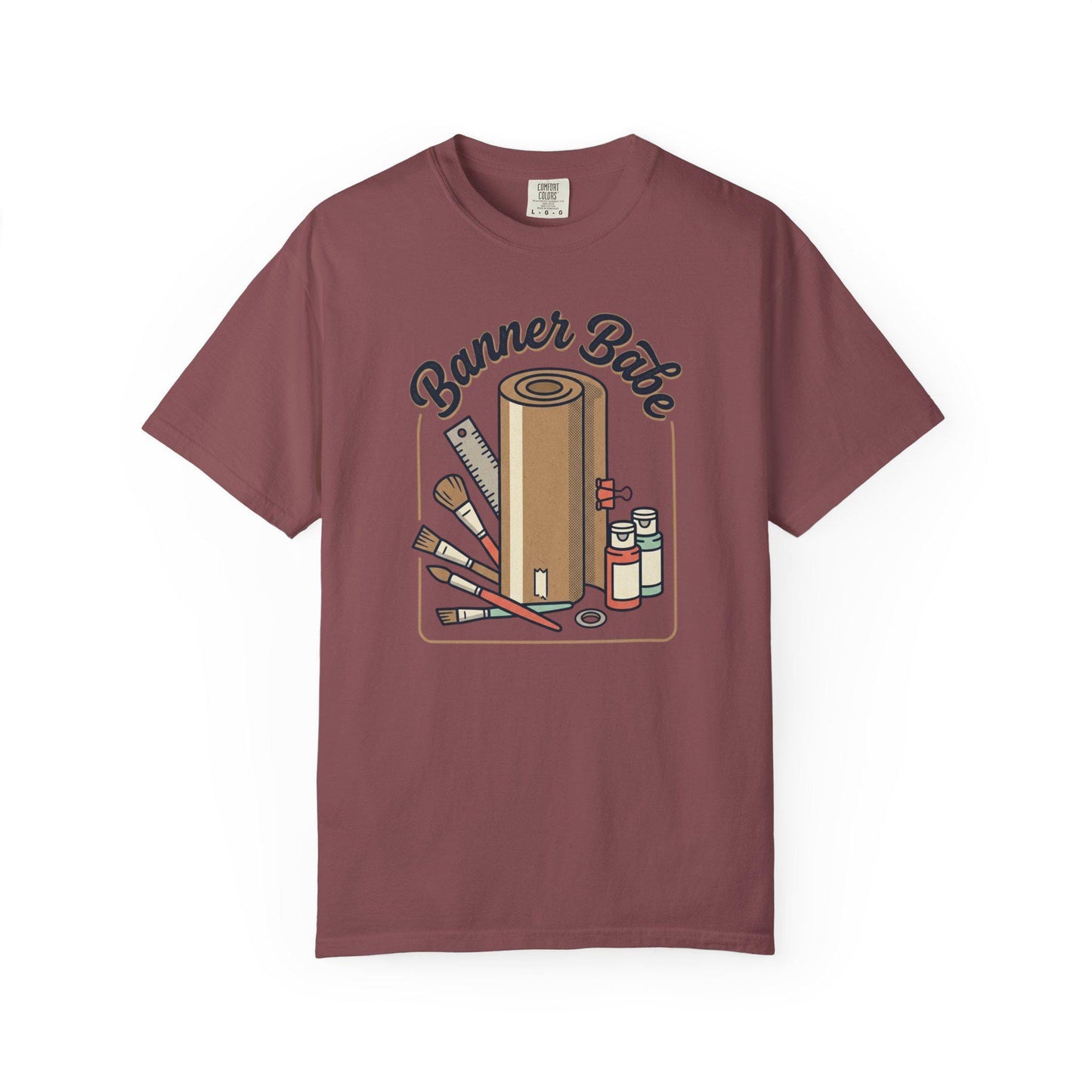 Banner Babe T-shirt | Craft Supplies Illustration, Paint Brushes, Roll of Paper