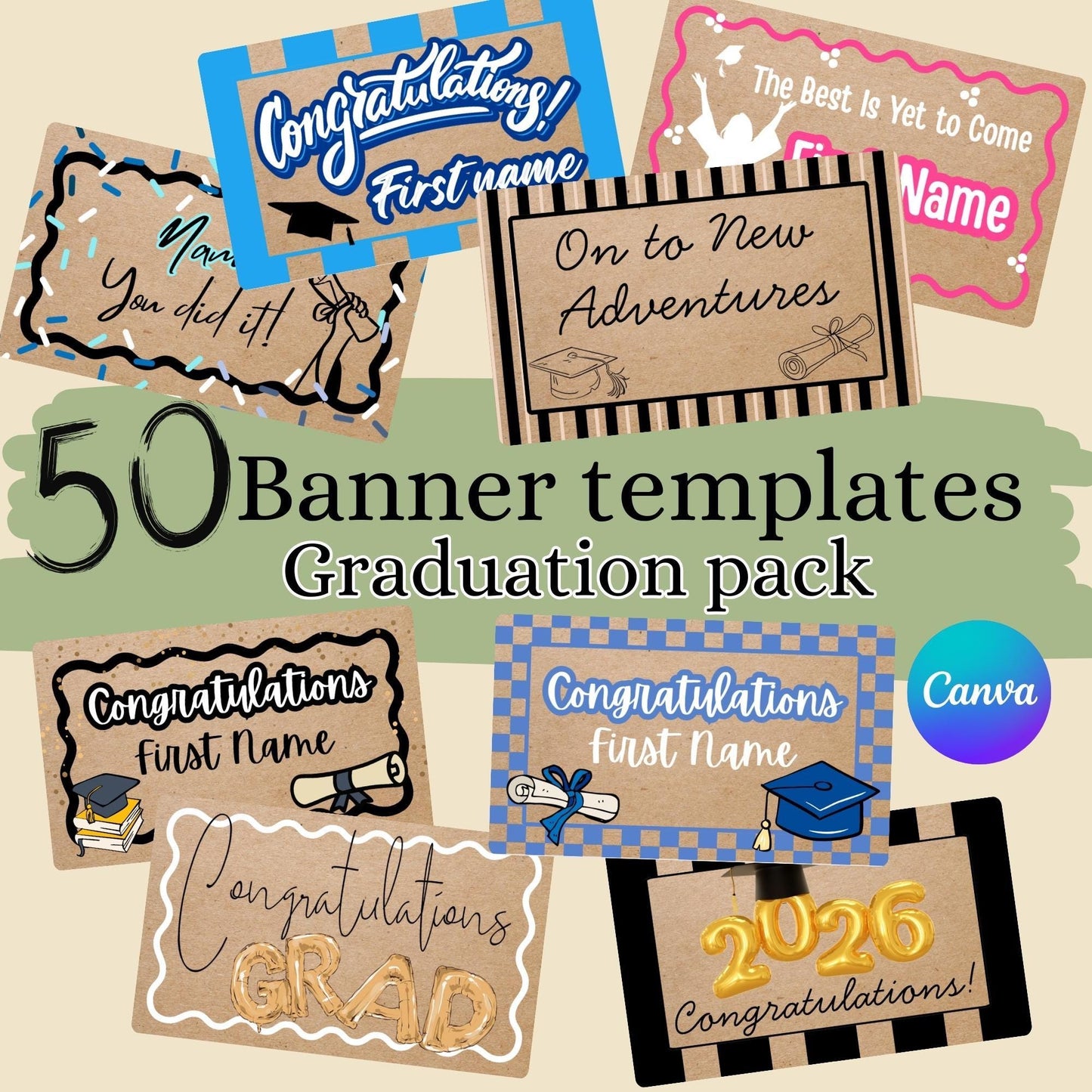 Graduation Banner Templates, 50 Canva Custom Designs (Digital Download)